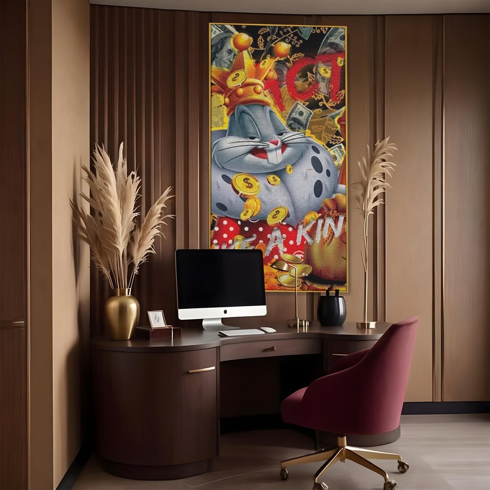 Tablou canvas cu tablou canvas cu bugs bunny rege, in rama de aluminiu auriu, pe perete intr-un birou